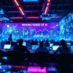 A futuristic trading room with analysts using advanced technology and AI for stock trading.