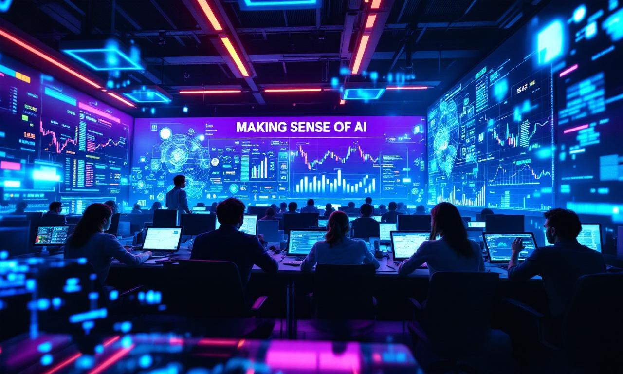 A futuristic trading room with analysts using advanced technology and AI for stock trading.