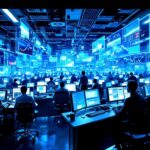 Futuristic trading room with AI and human traders, displaying stock market data and algorithms.