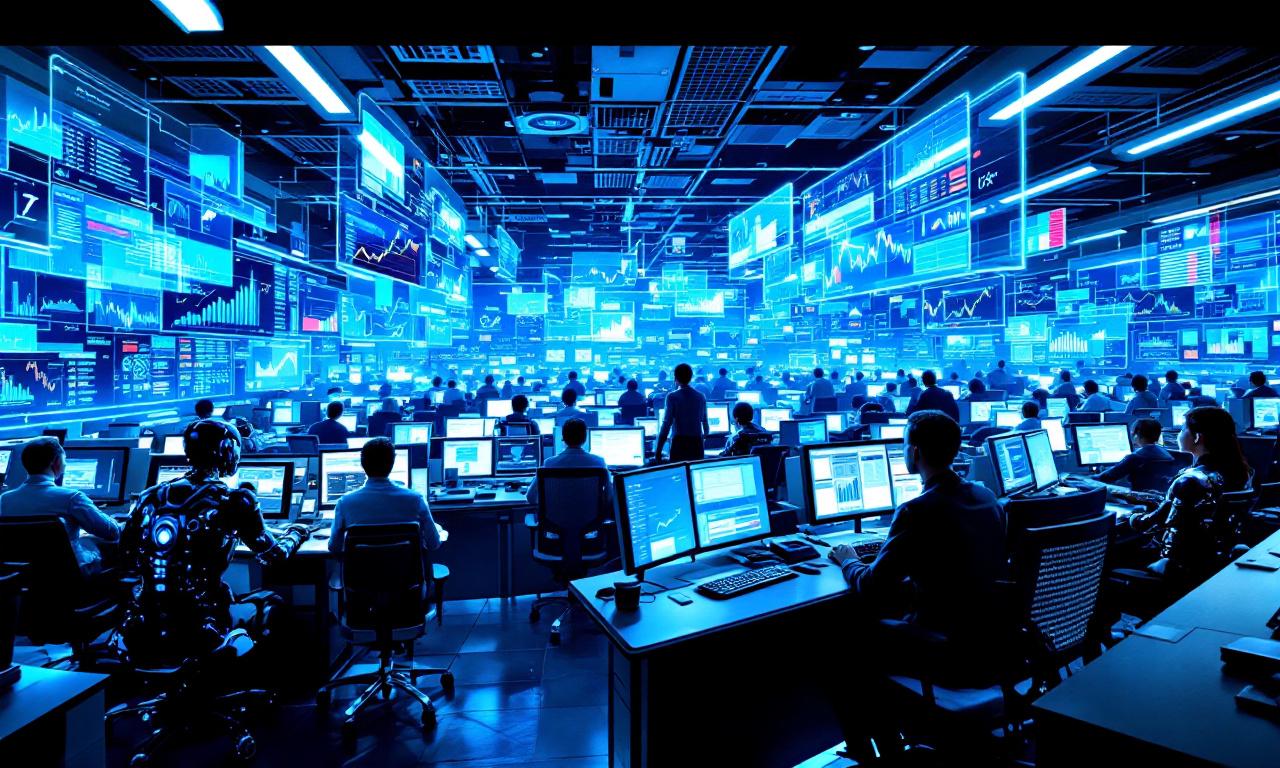 Futuristic trading room with AI and human traders, displaying stock market data and algorithms.