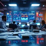 A bustling trading room with traders and currency exchange screens.