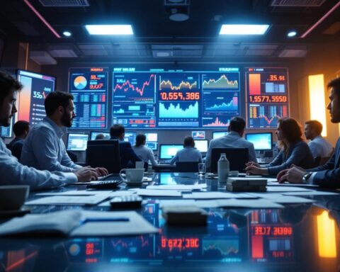 A bustling trading room with traders and currency exchange screens.