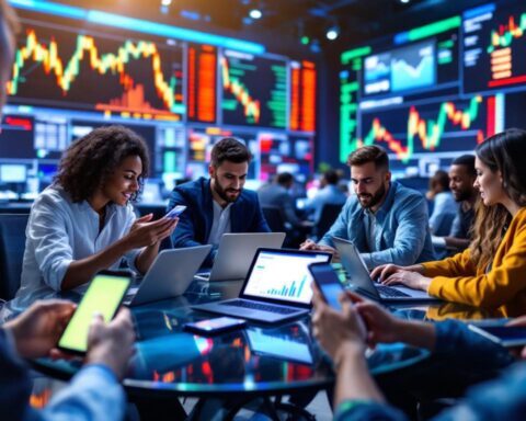 A lively trading floor showing traders discussing deposit methods with technology around them.