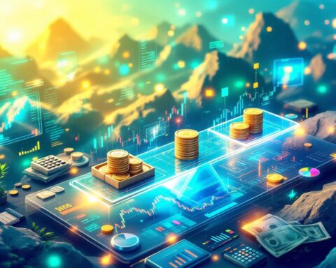A financial trading scene illustrating hidden fees, featuring a scale balancing money and trading tools.