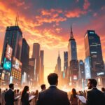 A bustling financial scene representing inflation and currency values, with professionals discussing dynamic charts.