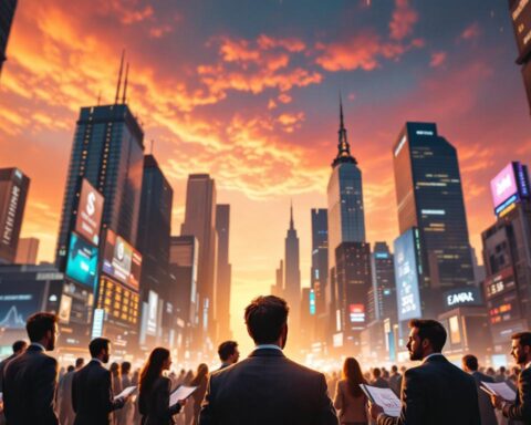 A bustling financial scene representing inflation and currency values, with professionals discussing dynamic charts.