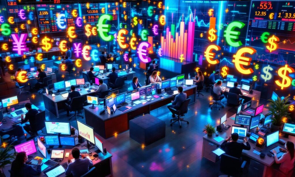 A busy trading floor showing the effect of interest rates on currency movement, with traders and data screens illuminating the scene.
