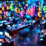 A busy trading floor showing the effect of interest rates on currency movement, with traders and data screens illuminating the scene.