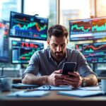 A professional trader using a mobile device in a modern office, surrounded by screens showing stock market data, representing the advantages of mobile trading.