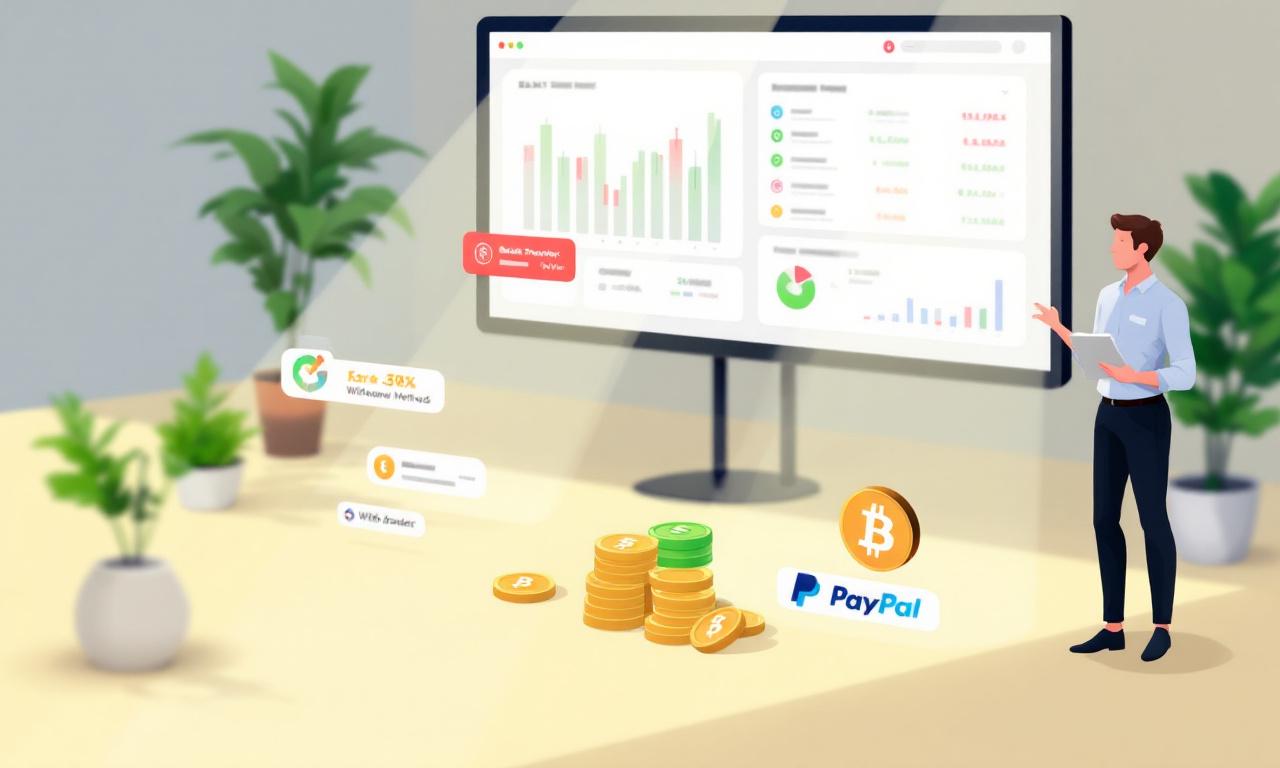 An informative image showing various withdrawal methods from a trading account including bank transfer and PayPal.
