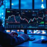 Futuristic display of a trading platform with dynamic charts, a busy user, and a digital skyline in the background.