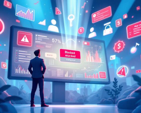 An illustration of a frustrated trader facing a blocked trading account screen in a digital landscape filled with graphs and currency symbols.