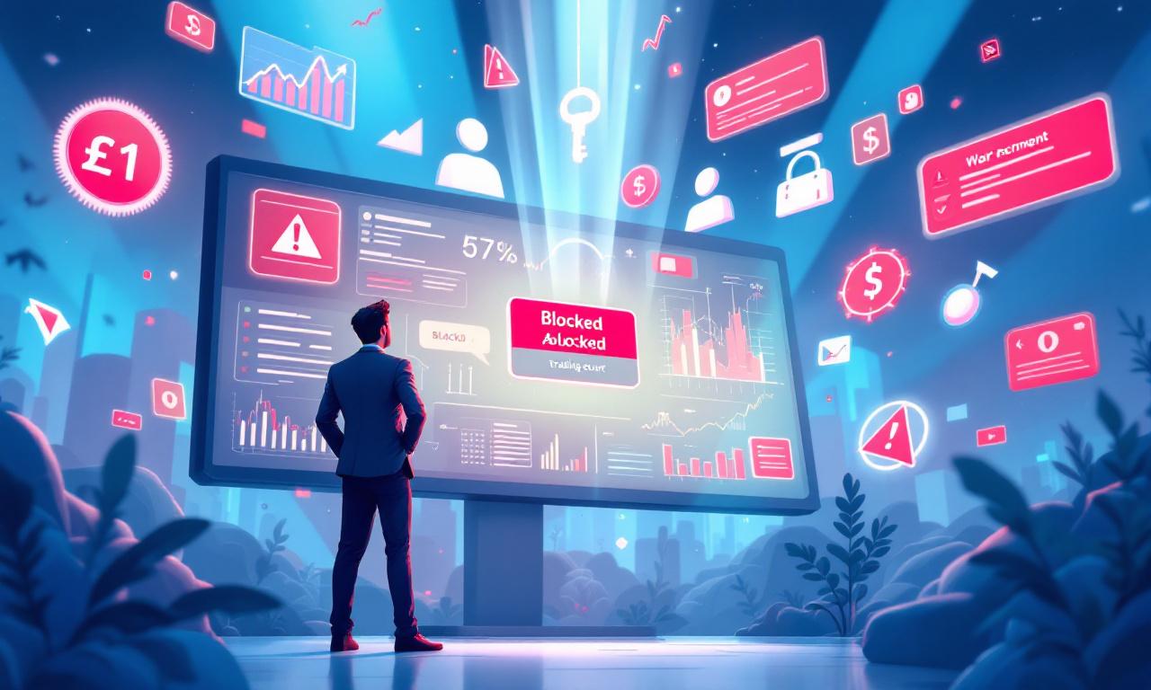 An illustration of a frustrated trader facing a blocked trading account screen in a digital landscape filled with graphs and currency symbols.