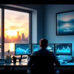 A focused trader at a modern desk in a tranquil trading workspace, surrounded by financial charts, motivational posters, and a panoramic city view at sunrise.