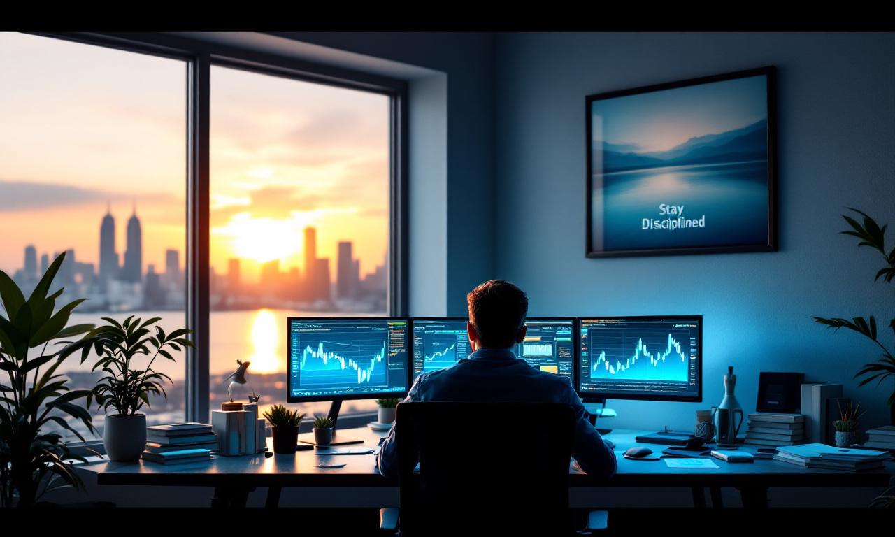 A focused trader at a modern desk in a tranquil trading workspace, surrounded by financial charts, motivational posters, and a panoramic city view at sunrise.