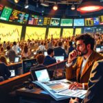 A lively forex trading floor with traders analyzing market reactions to news, illuminated by bright screens and energetic atmosphere.