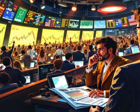 A lively forex trading floor with traders analyzing market reactions to news, illuminated by bright screens and energetic atmosphere.