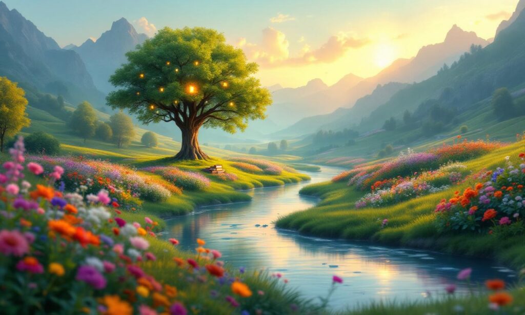 A peaceful landscape representing continuous learning and adaptation with a river, a knowledge tree, and colorful flowers under a transitioning sky.