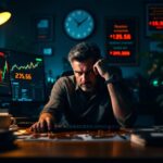 A stressed trader surrounded by a chaotic trading desk late at night, highlighting the struggle with financial losses.