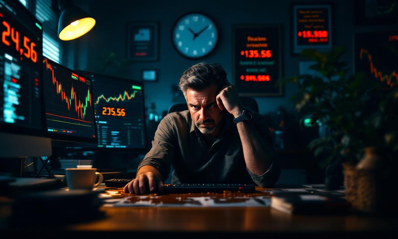 A stressed trader surrounded by a chaotic trading desk late at night, highlighting the struggle with financial losses.