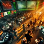 A chaotic trading floor with stressed traders and flickering screens showing stock prices, conveying the tension of trading mistakes.