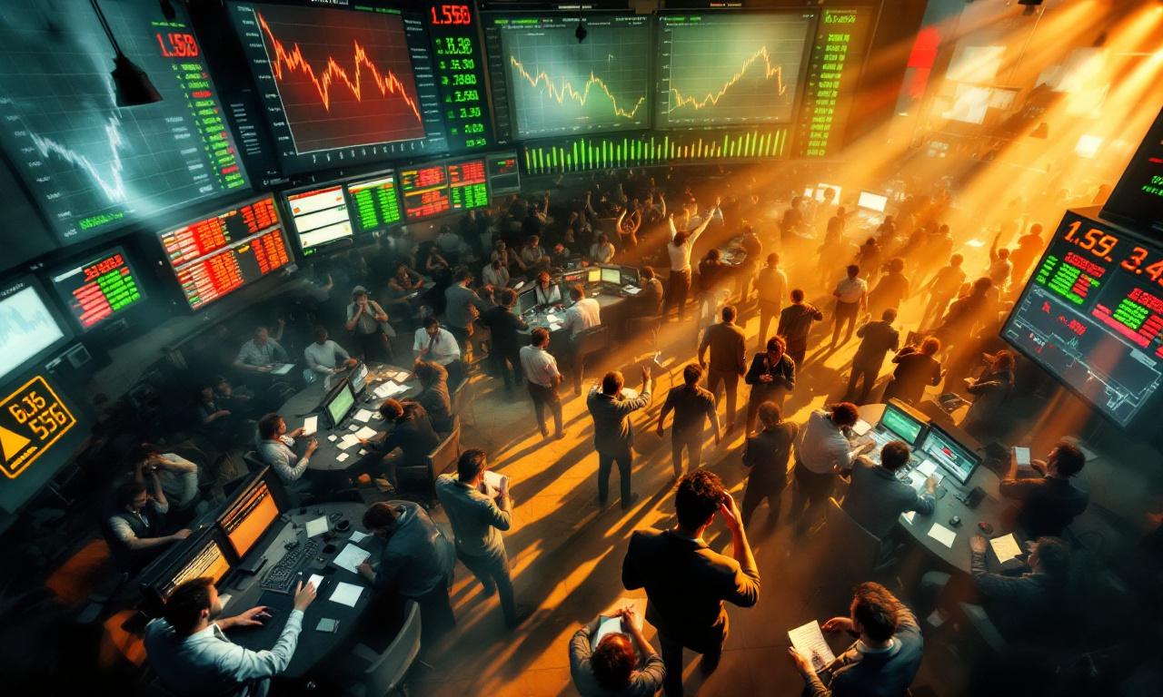 A chaotic trading floor with stressed traders and flickering screens showing stock prices, conveying the tension of trading mistakes.