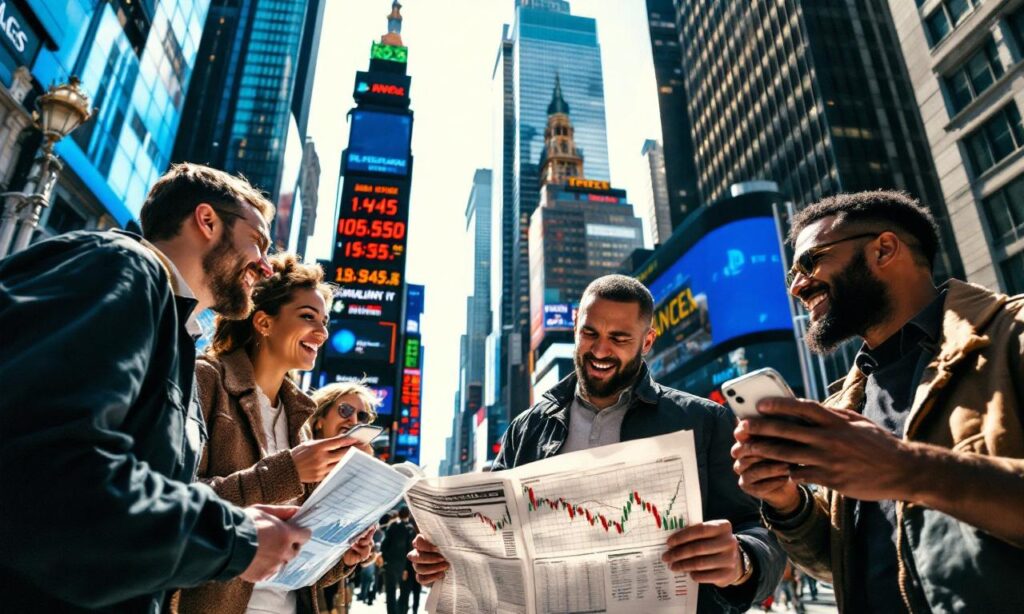 Una escena vibrante de un distrito financiero con comerciantes discutiendo consejos de trading y rumores en la calle.