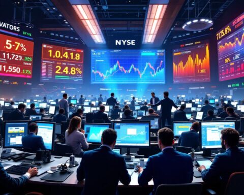 A bustling trading floor with traders analyzing key economic indicators on large screens, vibrant and energetic atmosphere.