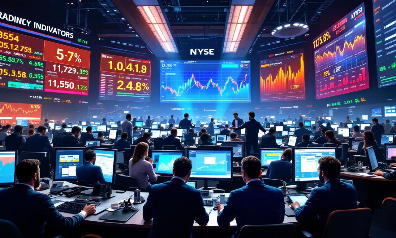 A bustling trading floor with traders analyzing key economic indicators on large screens, vibrant and energetic atmosphere.