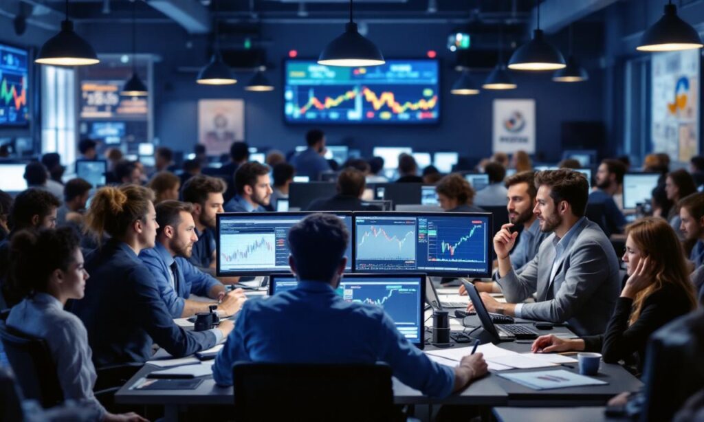 A bustling trading office filled with diverse traders analyzing stock charts and discussing strategies.