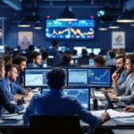 A bustling trading office filled with diverse traders analyzing stock charts and discussing strategies.