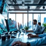 Un grupo diverso de traders analizando datos en una moderna oficina de trading, con pantallas llenas de gráficos financieros.