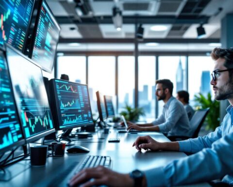 Un grupo diverso de traders analizando datos en una moderna oficina de trading, con pantallas llenas de gráficos financieros.
