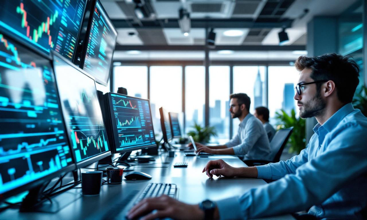 Un grupo diverso de traders analizando datos en una moderna oficina de trading, con pantallas llenas de gráficos financieros.