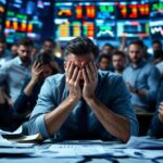 A lively trading floor showing diverse traders experiencing fear, greed, and deep thought amidst fluctuating stock prices.