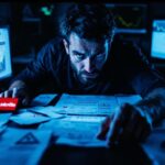 Un trader en línea preocupado revisando gráficos de acciones mientras examina señales de advertencia sobre estafas.