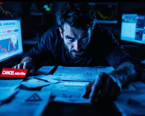 Un trader en línea preocupado revisando gráficos de acciones mientras examina señales de advertencia sobre estafas.