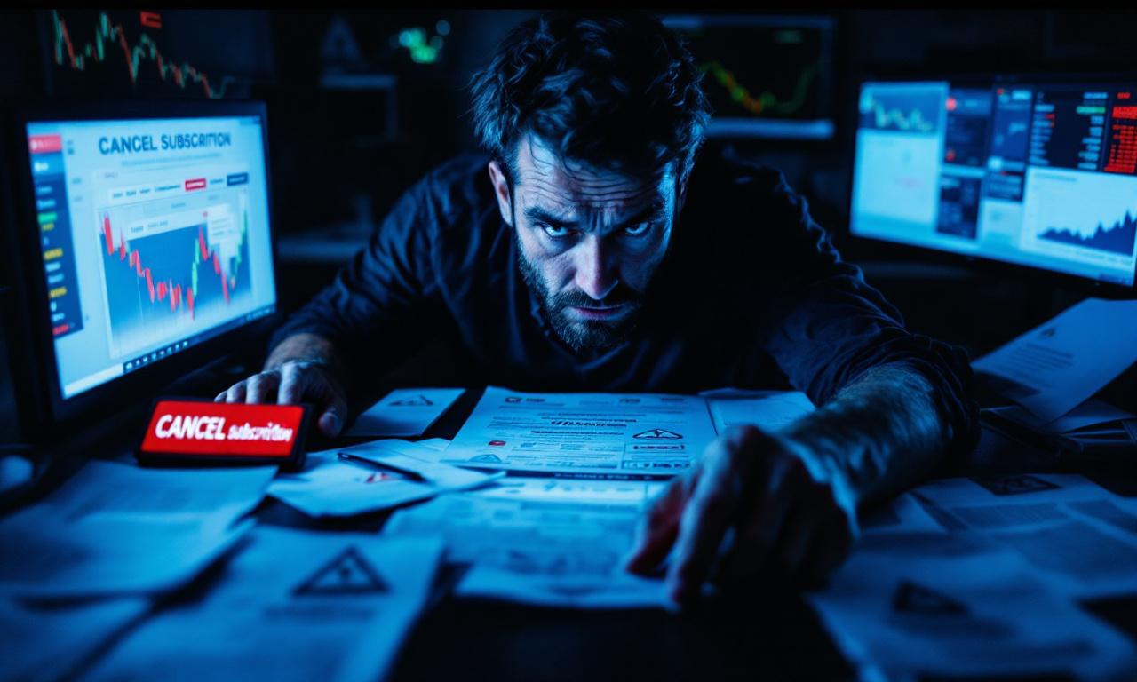 Un trader en línea preocupado revisando gráficos de acciones mientras examina señales de advertencia sobre estafas.