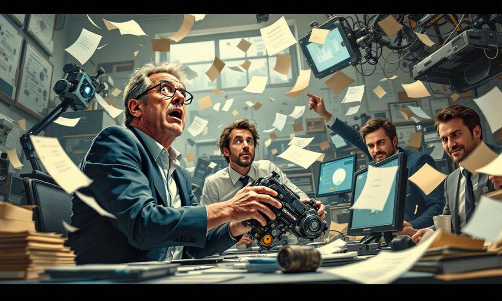 Una escena dramática en una oficina con tecnología donde un hombre utiliza incorrectamente una herramienta de alta palanca, causando confusión y caos.